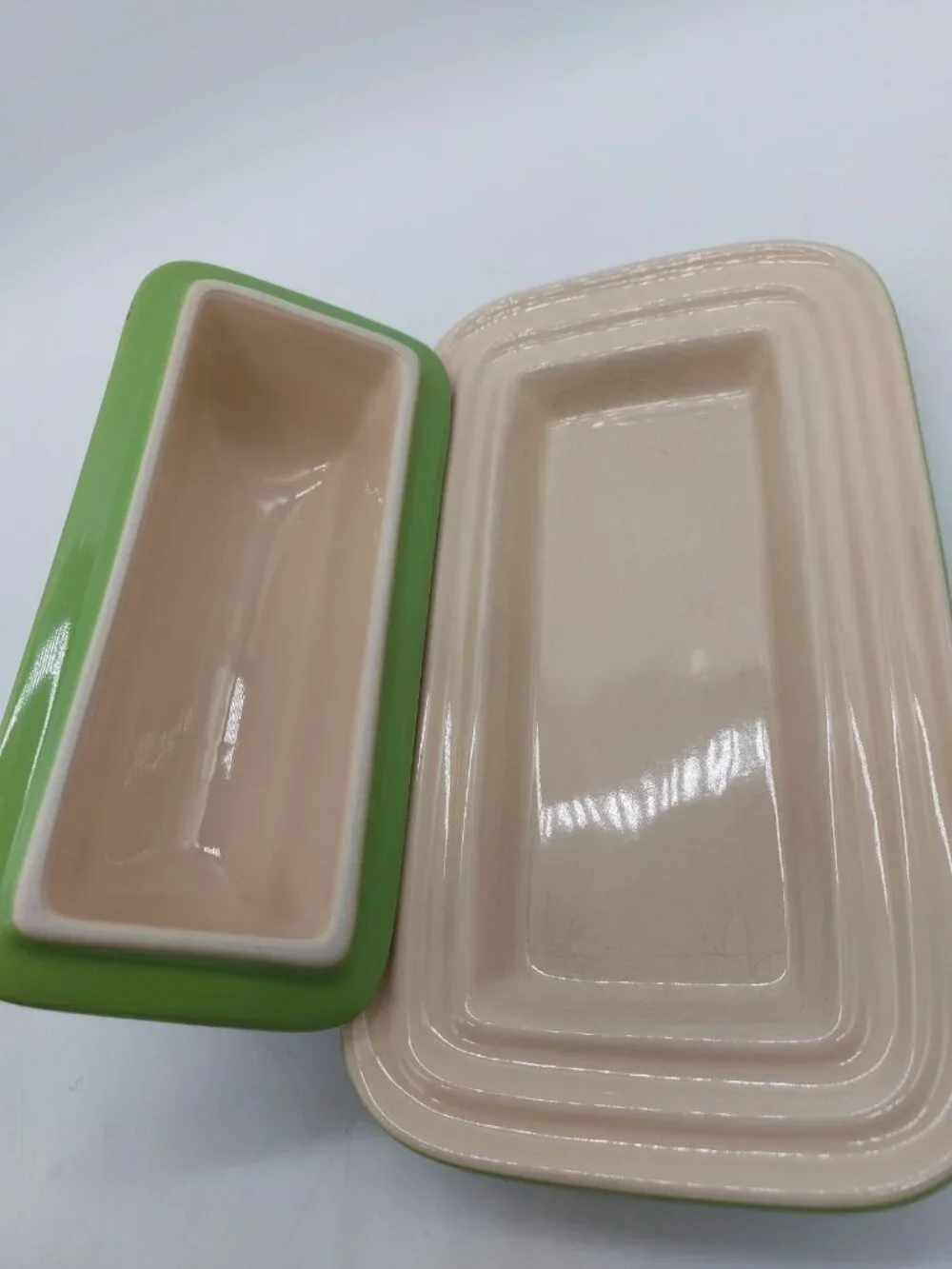 Le Creuset Butter Dish Stoneware Glazed Green Tan